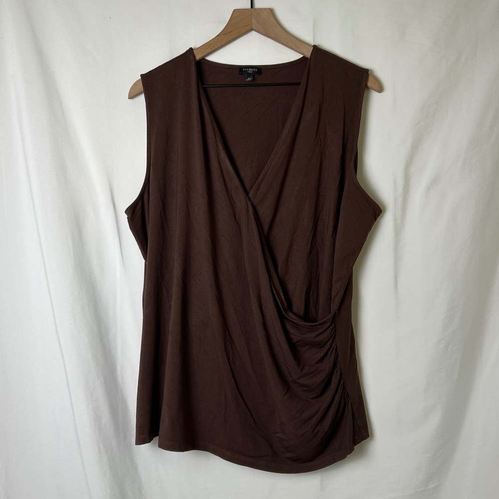 Talbots Womens Faux Wrap Ruched Sleeveless Knit Tank Top Plus Size 2X Brown